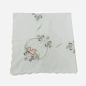 Vintage White Hand Embroidered Floral Scalloped Edge Tablecloth